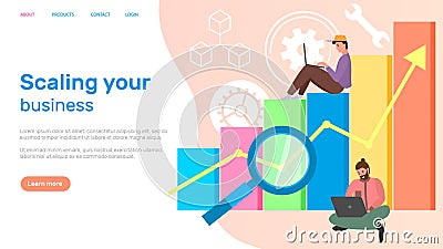 Website for statistical data analysis landing page template. Scaling business, graphic or chart Vector Illustration