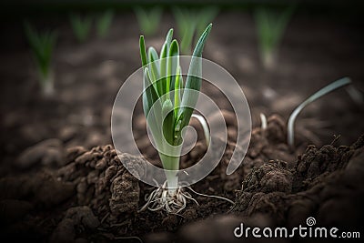 Scallion with green leaves growing in agricultural field outdoor Cartoon Illustration