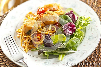 Scallop Linguine with Tomato Sauce Stock Photo