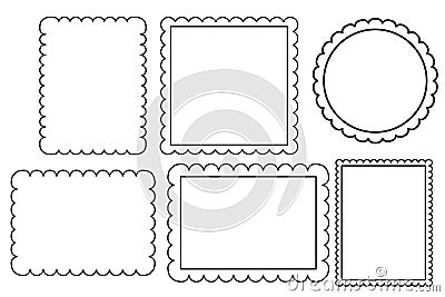 Scalloped edge border silhouette shapes, wavy borders isolated on white background. Scallop stamp, rectangle frame. Vector Illustration