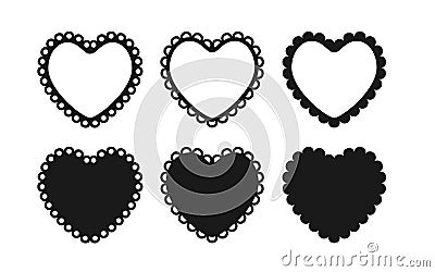 Scalloped edge heart shapes set. Simple heart scalloped border. Fabric laces silhouette frame. Repeat cute vintage frill Vector Illustration