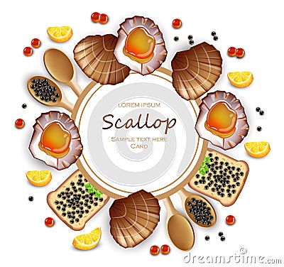 Scallops and caviar card Vector realistic seafood. Fresh shellfish. 3d detailed illustrations Vector Illustration