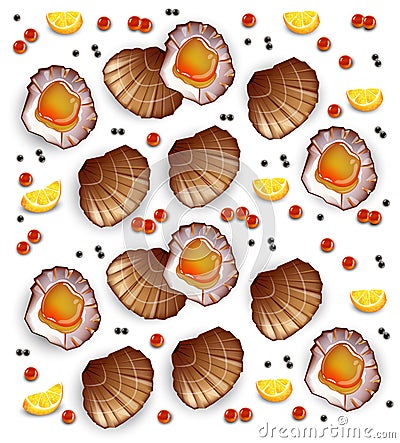 Scallops pattern Vector realistic seafood. Fresh shellfish. 3d detailed illustrations Vector Illustration