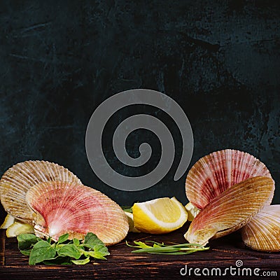 Scallops in the shells, before cooking the ingredients lie on the board, next to lemon and greens Stock Photo