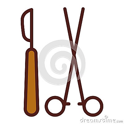 Scalpel and scissors color line icon. Surgeon cutting tools. Isolated vector element. Outline pictogram for web page, mobile app, Stock Photo