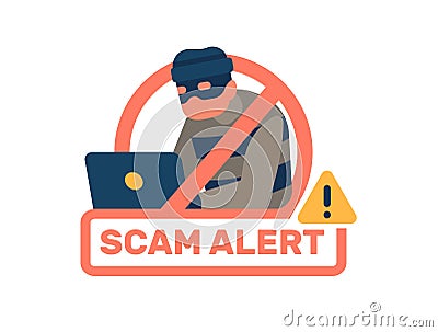 Scam alert. Computer virus detection icon. Laptop software hacking. Network protection. Hackers attack. Cyber fraud Vector Illustration
