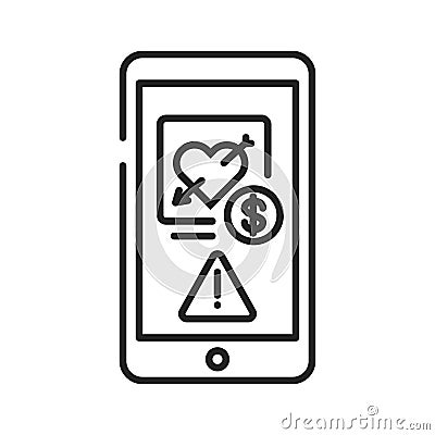 Scam dating on smartphone screen black line icon. Internet criminal, deception,fraud element. Sign for web page, mobile app. UI UX Stock Photo