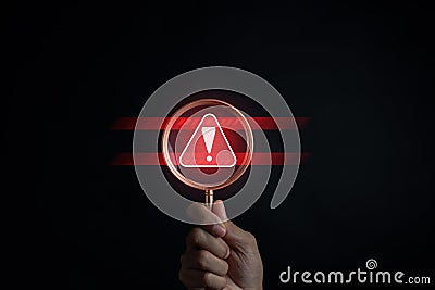 Scammer alert and warning caution signs. cyber attack on online network error system. Cybersecurity vulnerability, data breach, Stock Photo