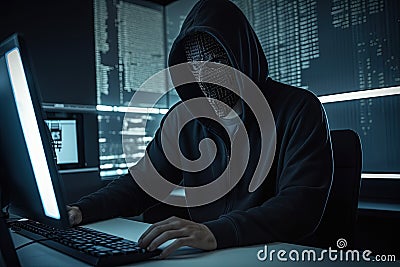 Scammer in front of a computer in anonymous mask, hacker. Generative AI Stock Photo