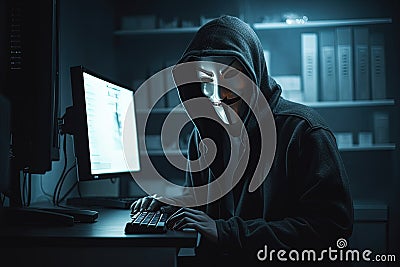 Scammer in front of a computer in anonymous mask, hacker. Generative AI Editorial Stock Photo