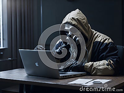 A scammer in a mask sits in front of a laptop. Stock Photo