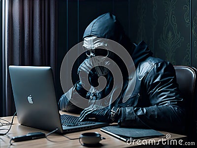 A scammer in a mask sits in front of a laptop. Stock Photo