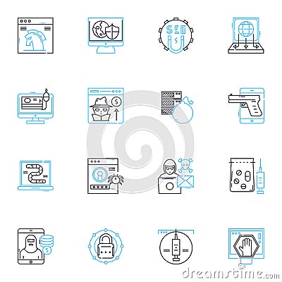 Scammers linear icons set. Deceptive, Fraudulent, Con artists, Imposters, Impersonators, Cheaters, Swindlers line vector Vector Illustration