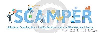 SCAMPER. Concept with people, keywords and icons. Flat vector illustration. Isolated on white background Cartoon Illustration