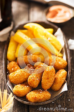 Scampi with french fries and ketchup mayo dip Stock Photo