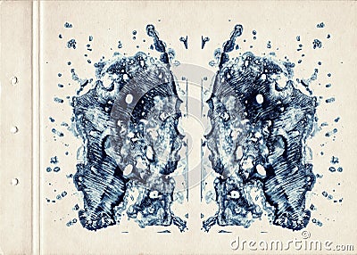 Scan of a card of a colored rorschach inkblot test. Blue color watercolor paint symmetric splotch on old vintage paper. Abstract w Stock Photo