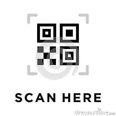 Scan here QR Code vector border icon. This icon use for admin panels, website, interfaces, mobile apps Vector Illustration