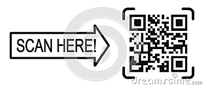 Scan here template with QR code pictogram. Quick responce matrix barcode readable by smartphone camera. Digital lebel Vector Illustration