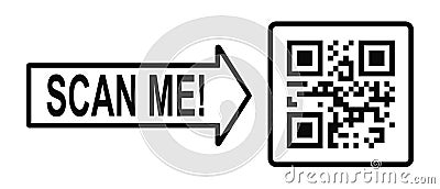 Scan me concept. QR code icon in square frame with pointing arrow. Template of quick responce matrix barcode. Mobile Vector Illustration