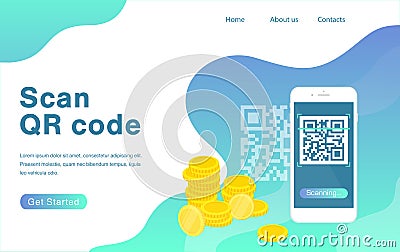 Scan QR code flat vector landing page template. Smartphone and QR code scanning for payment. Homepage design with header Vector Illustration
