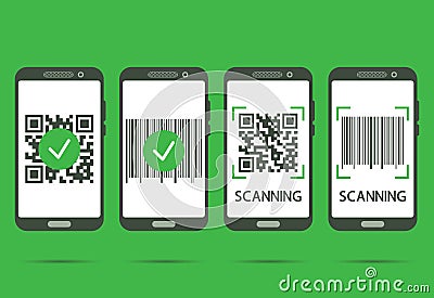 Scan QR code with mobile phone. QR code scans completed. Machine-readable barcode on smartphone screen. Verification or payment Vector Illustration