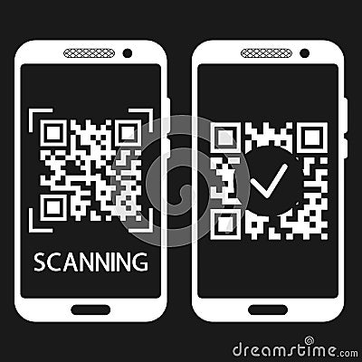 Scan QR code with mobile phone. QR code scans completed. Machine-readable barcode on smartphone screen. Verification or payment Vector Illustration