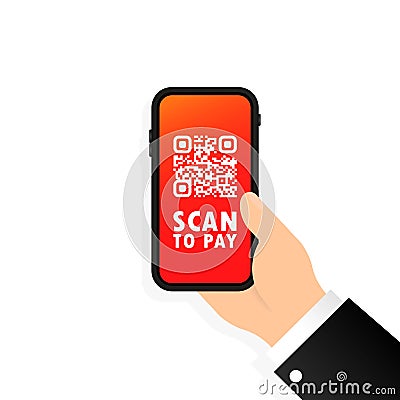 Scan QR code to pay with Mobile phone. Smartphone scanning QR-code. Barcode Verification. Scanning tag generate digital pay Vector Illustration
