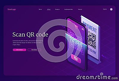 Scan Qr code verification service isometric banner Vector Illustration