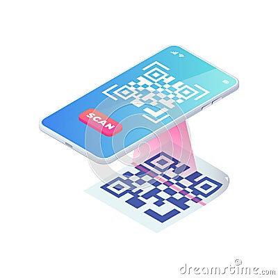 Scan QR code via smartphone. 3d Mobile Scanning barcode concept, QR Verification isometric vector. Quick response code Vector Illustration