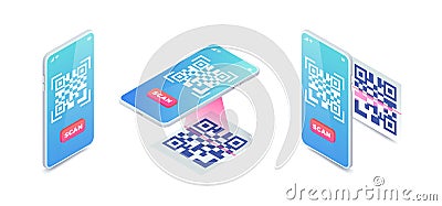 Scan QR code via smartphone set. 3d Mobile Scanning barcode concept, QR Verification isometric vector. Quick response Vector Illustration