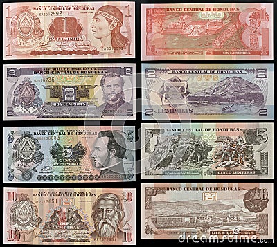 Scanarray four banknotes of 1, 2, 5 and 10 Lempira Stock Photo