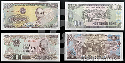 Scanarray two banknotes nominal value one and two thousand dongs State Bank of Vietnam Stock Photo