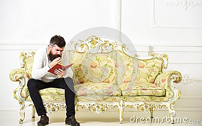Scandalous bestseller concept. Guy reading book with attention. Macho on concentrated face reading book. Man with beard Stock Photo