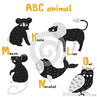 Scandi cute Animals set abc alphabet, set for kids abc elements in scandinavian style Vector Illustration