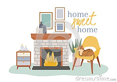 Scandic cozy interior, fireplace and cozy chair Vector Illustration