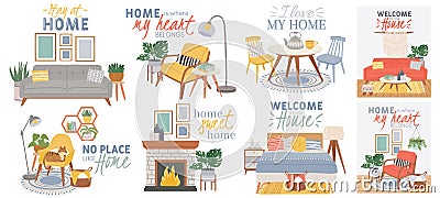 Scandic cozy interiors. Comfy furnished living room and bedroom in hygge style with armchair, plants and cat. Modern stay home Vector Illustration