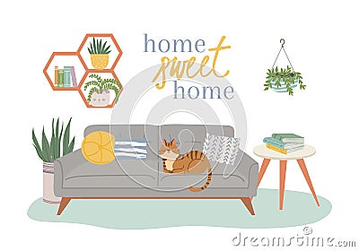 Scandic cozy interiors, sweet home with cat Vector Illustration
