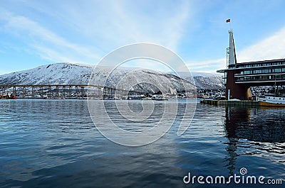 Scandic hotel in tromsoe city with majestic snowy mountain Editorial Stock Photo