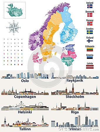 Vector Scandinavian and Baltic countries map with flags and cities skylines: Copenhagen, Stockholm, Oslo, Reykjavik, Helsinki, Rig Vector Illustration