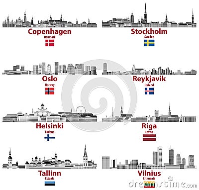 Vector set of Baltic and Scandinavian countries` cities skylines: Copenhagen, Stockholm, Oslo, Reykjavik, Helsinki, Riga, Tallinn, Vector Illustration