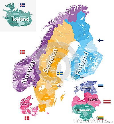 Scandinavia and Baltic countries political detailed map. Vector illustration Vector Illustration