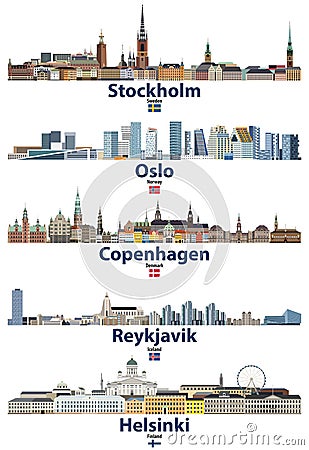 Vector illustration of Stockholm, Oslo, Copenhagen, Reykjavik and Helsinki cities skylines with flags of Sweden, Norway, Denmark, Vector Illustration