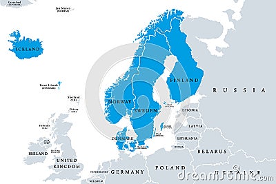 Scandinavia, a subregion in Northern Europe, political map Vector Illustration