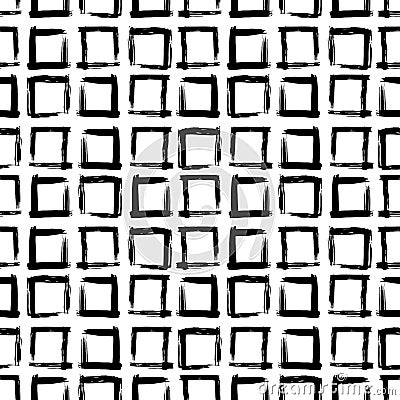 Scandinavian Abstract grunge texture Seamless pattern paint squares geometric background grid print, black on white background. Vector Illustration