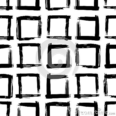 Scandinavian Abstract grunge texture Seamless pattern paint squares geometric background grid print, black on white background. Vector Illustration