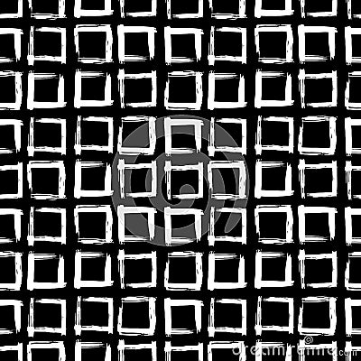 Scandinavian Abstract grunge texture Seamless pattern paint squares geometric background grid print, black white background. Vector Illustration