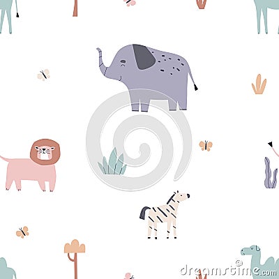 Scandinavian animals pattern. Seamless endless childish background with cute elephant, lion, zebra in Scandi style Vector Illustration