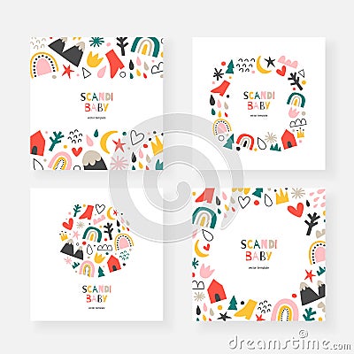 Scandinavian baby cards collection, set of vector frames, borders and wreaths with copy space, abstract doodle shapes Vector Illustration