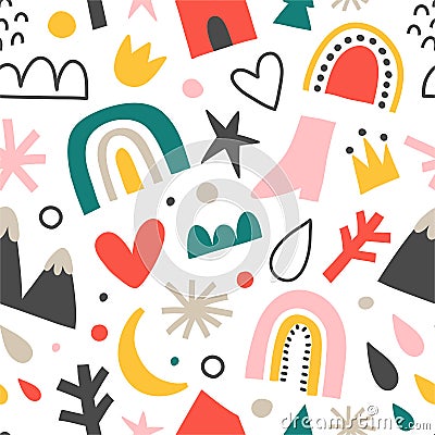 Scandinavian baby pattern with rainbow handdrawn abstract shapes, nordic ornament for kids room or textile print Vector Illustration