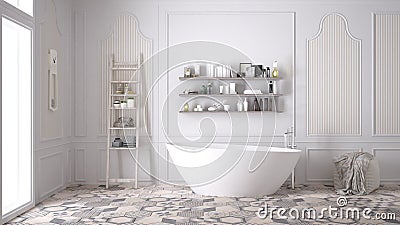 Scandinavian bathroom, classic white vintage interior design Stock Photo